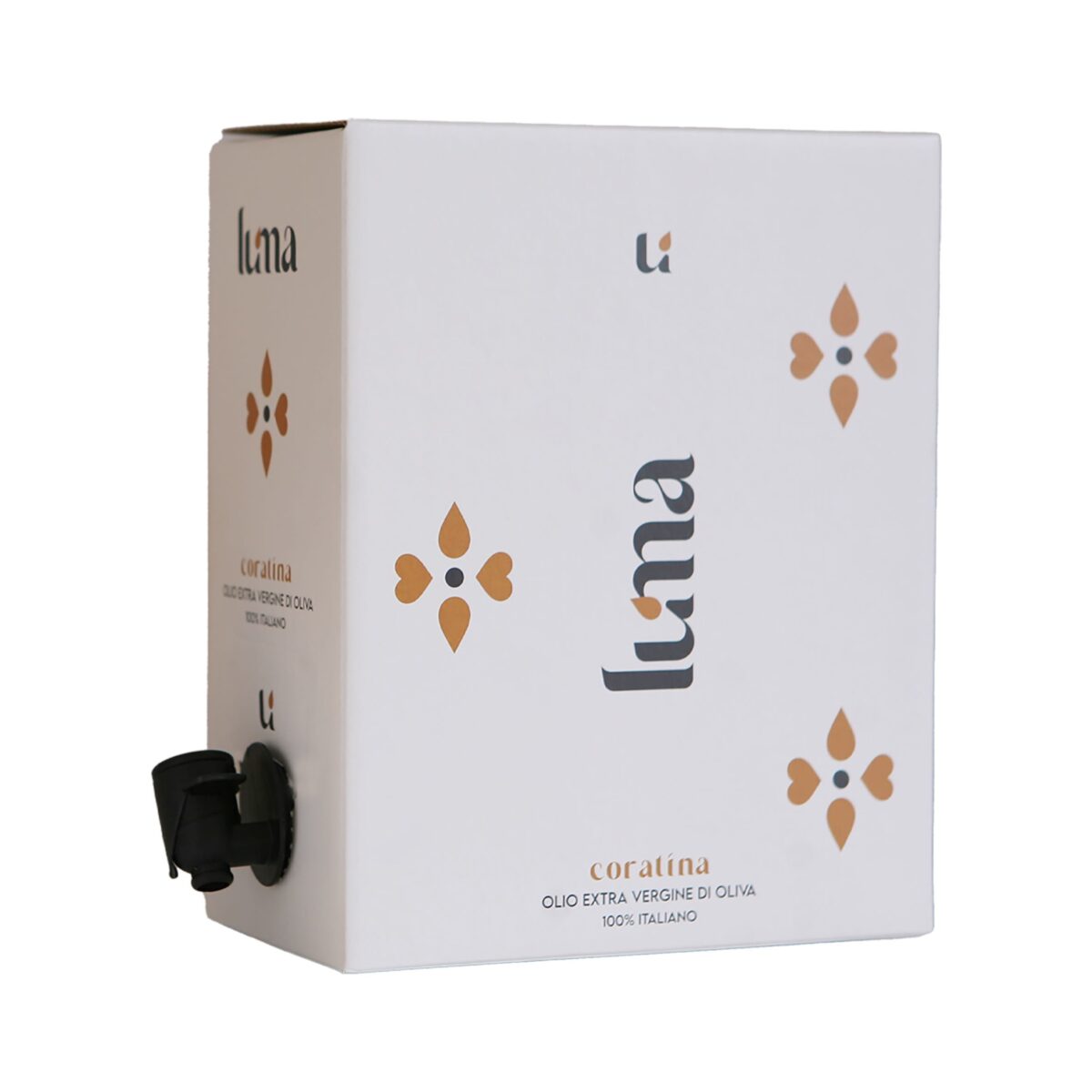 Bag-in-box Luna Coratina olio extravergine d'oliva 100% italiano, design bianco elegante