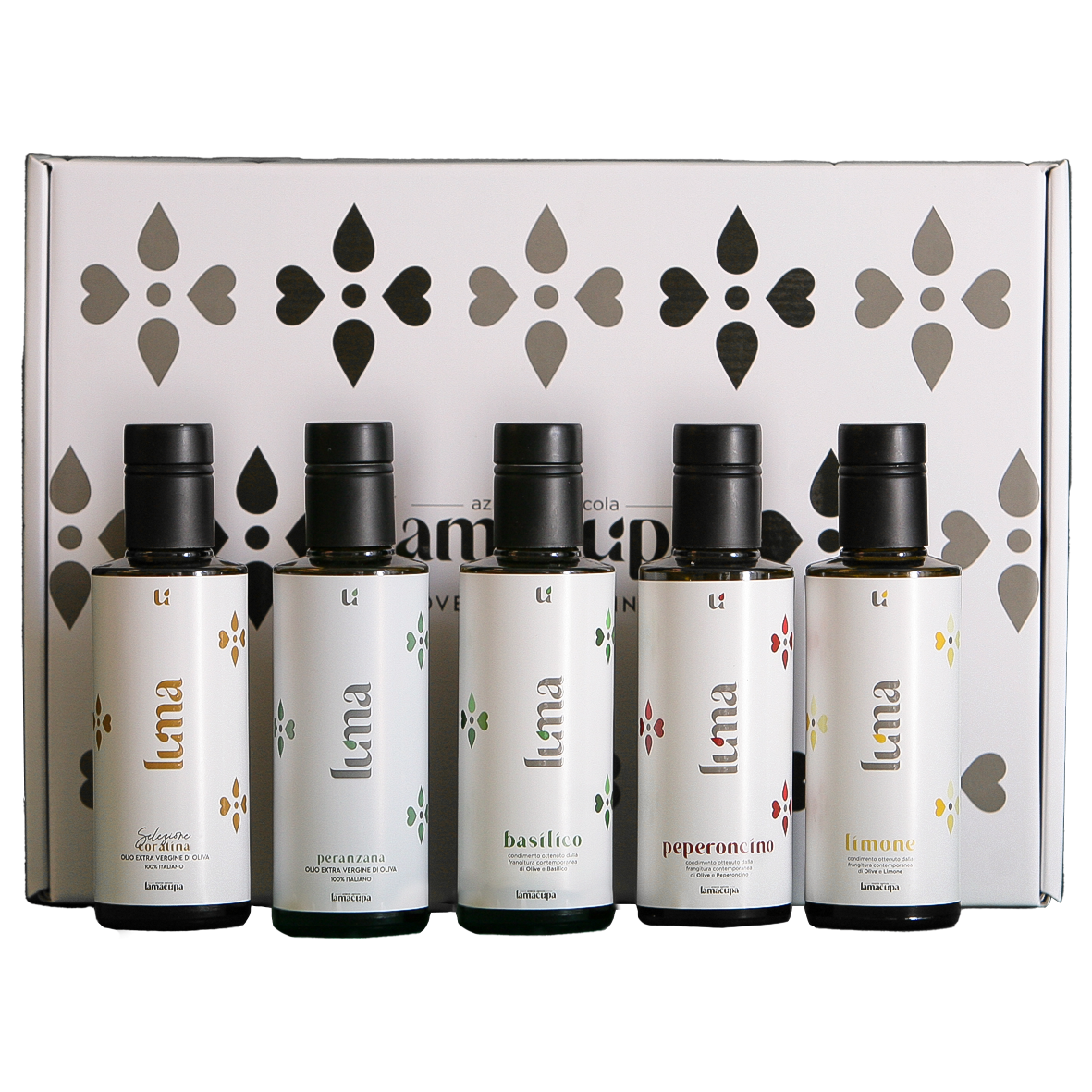 scatola con 250ml Box Olio Extra Vergine "coratina"+ peranzana + aromatici 5x250ml - immagine 1